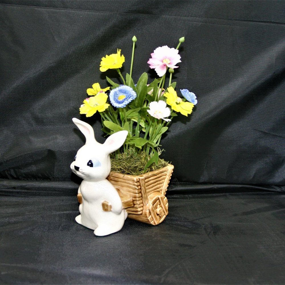 Vintage Bunny Rabbit and Cart Vase with Florals